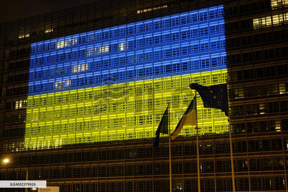 Ukrainian flag projected on the facade EU Commission building - Brussels