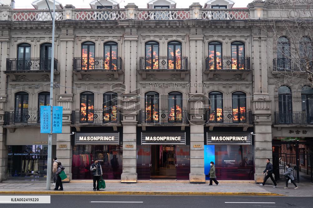 A Realistic Firelight on A Store Window in Shanghai