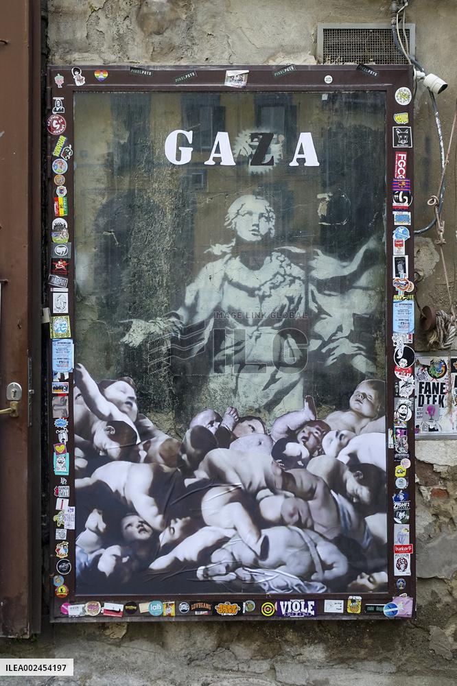 Pro Gaza Stickers Placed Unto Banksy Art Piece - Naples