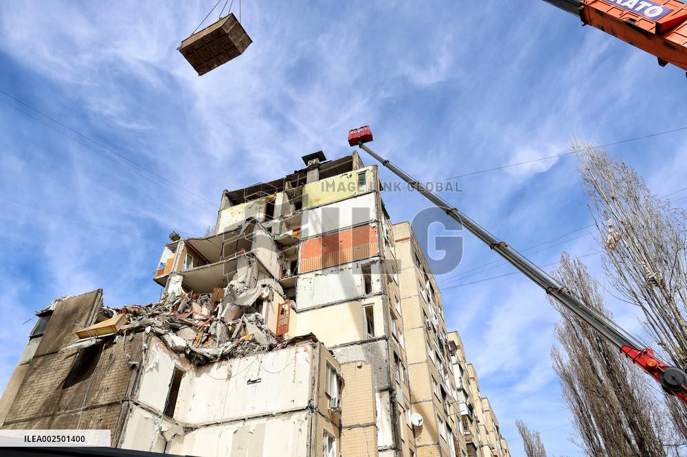Section of apartment block partially destroyed by Russian drone dismantled in Odesa