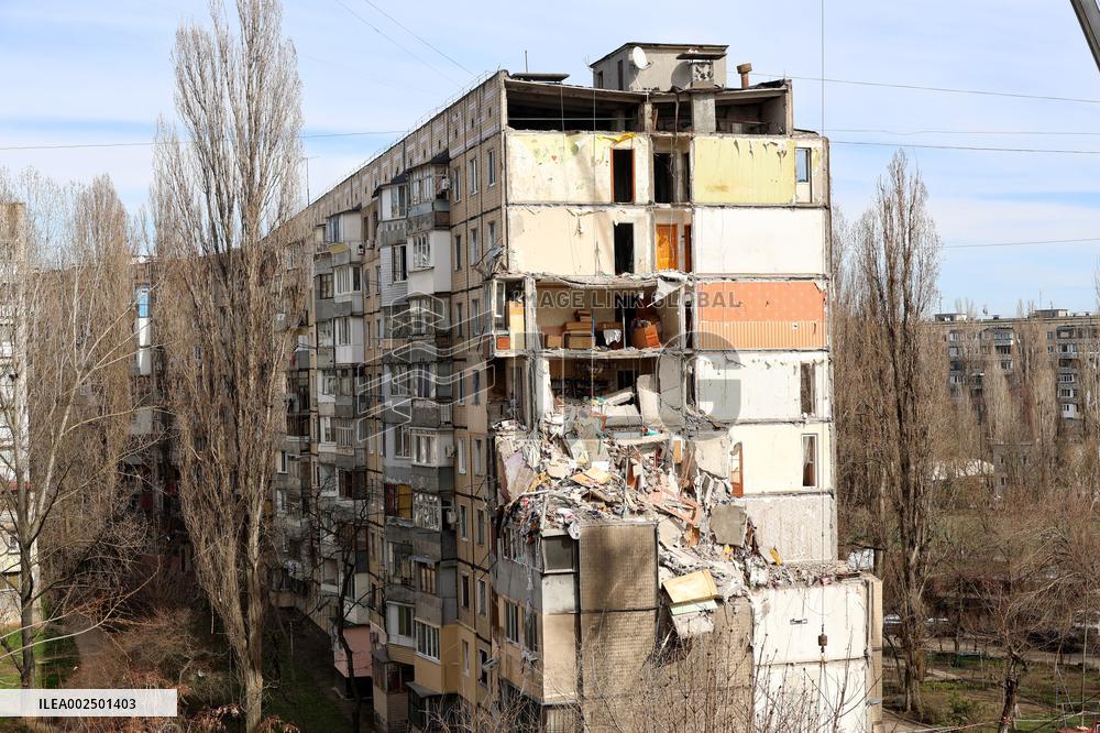 Section of apartment block partially destroyed by Russian drone dismantled in Odesa