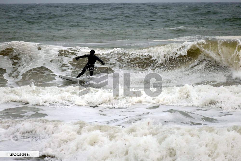 Surfing during storm in Odesa