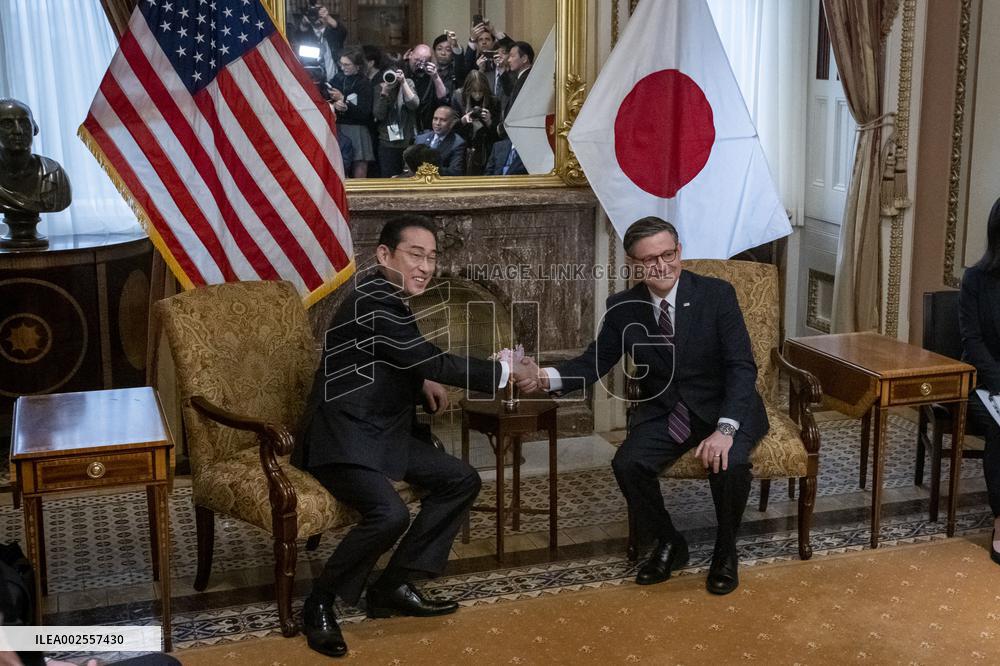 Speaker of the US House of Representatives Mike Johnson (Republican of Louisiana) meets Japanese Prime Minister Fumio Kishida at