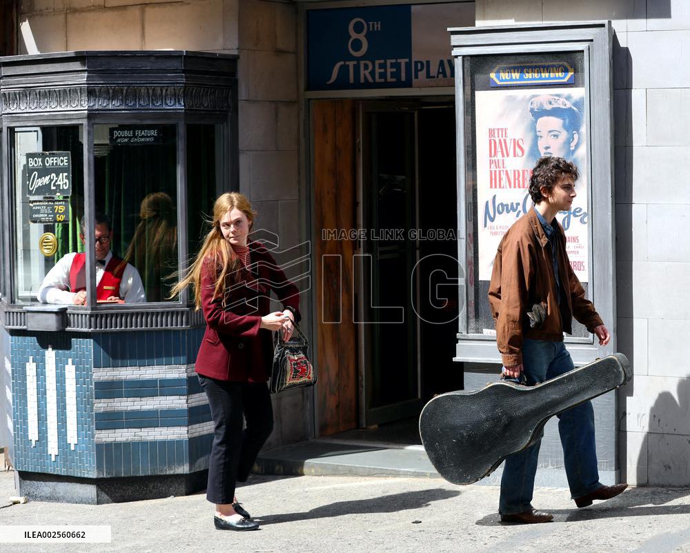 Timothee Chalamet and Elle Fanning On 'A Complete Unknown' Film Set - USA