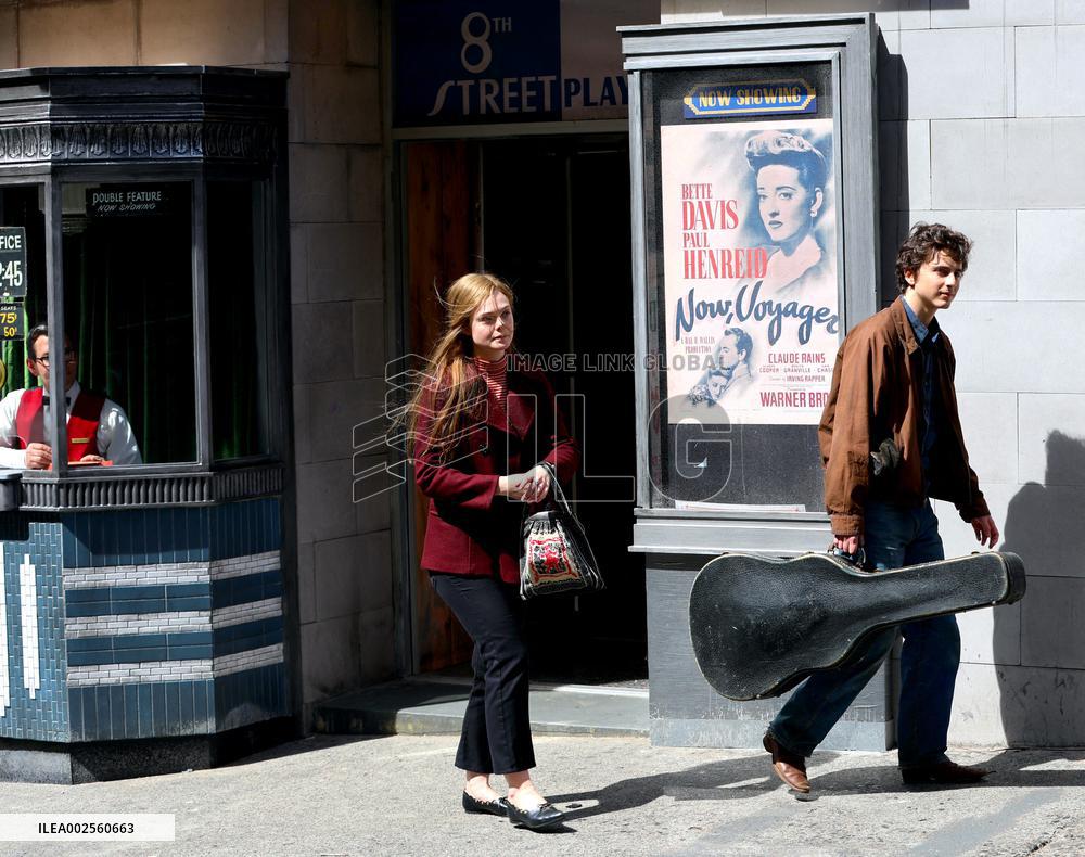 Timothee Chalamet and Elle Fanning On 'A Complete Unknown' Film Set - USA