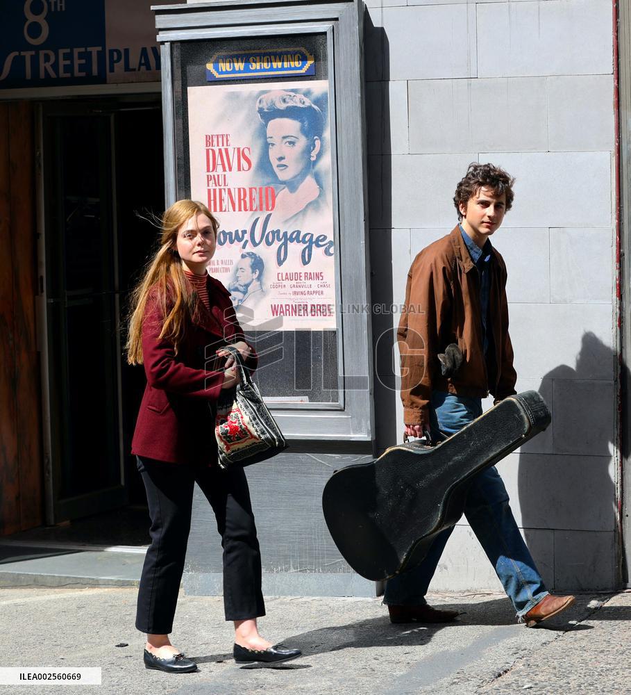 Timothee Chalamet and Elle Fanning On 'A Complete Unknown' Film Set - USA