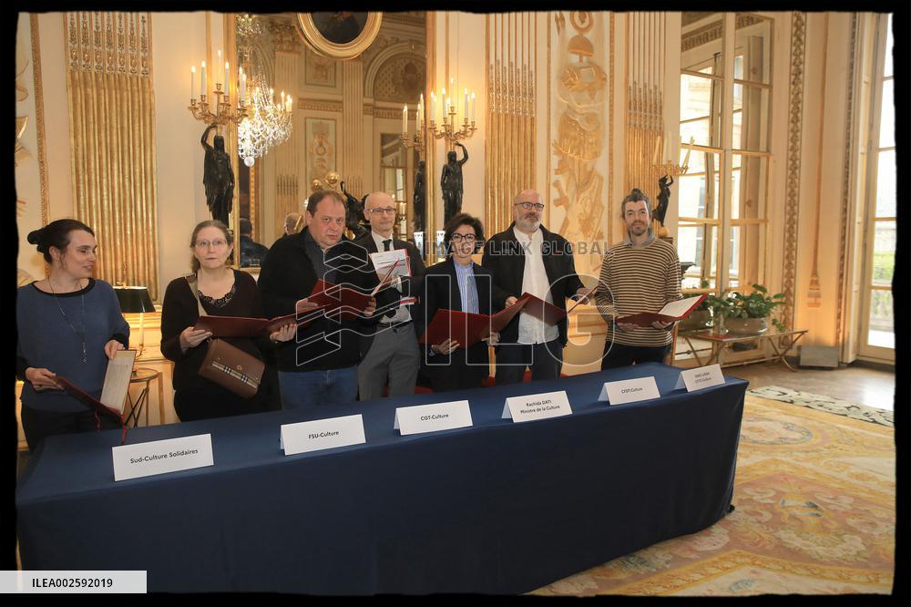 French culture minister Rachida Dati meets Culture Trade Unions - Paris