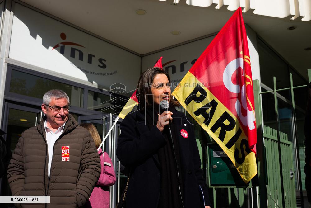 Sophie Binet Attends CGT Protest In Front Of INRS - Paris