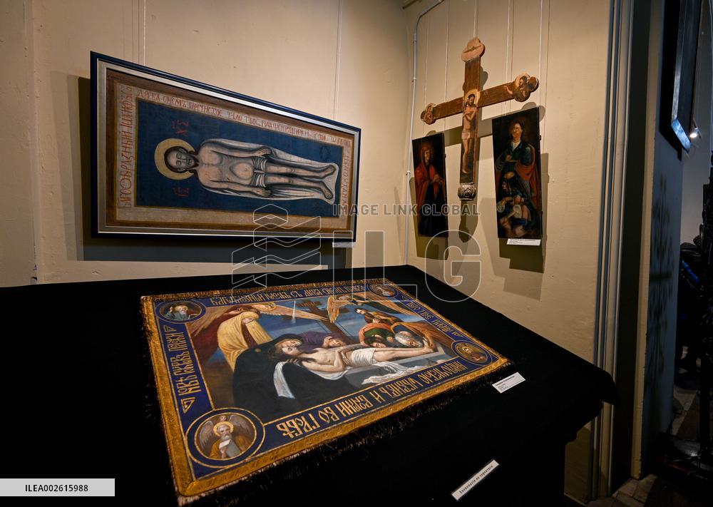 Old cloth icons displayed at Lviv church
