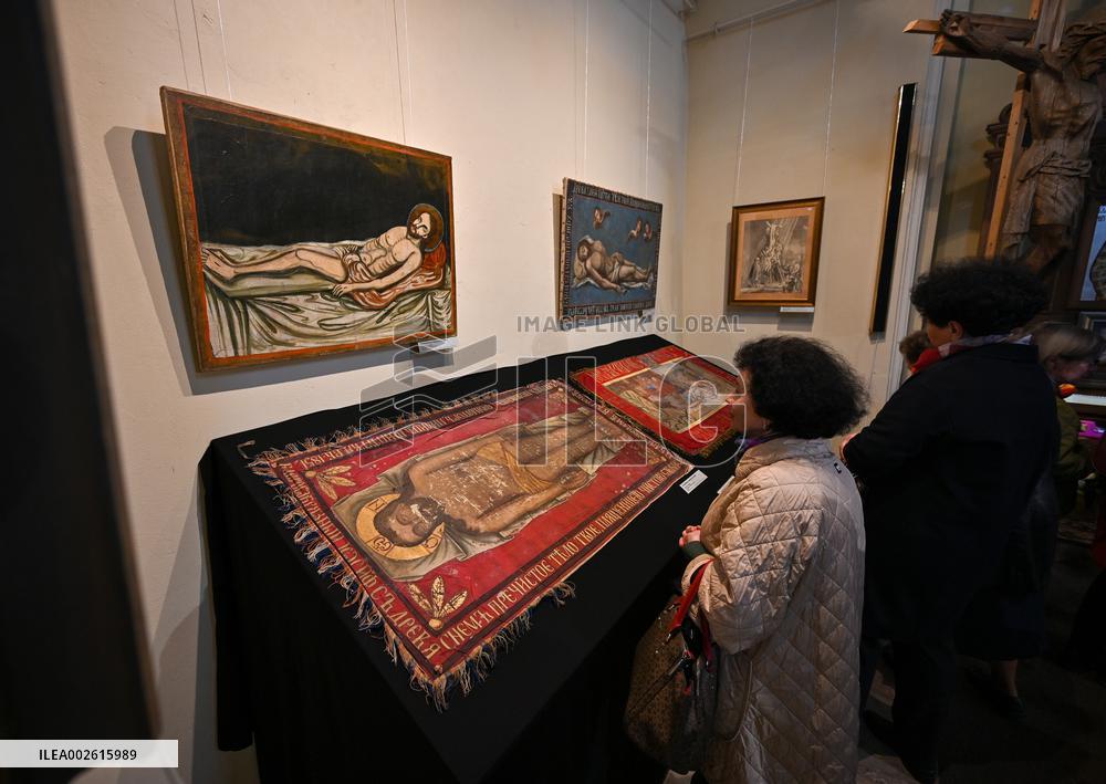 Old cloth icons displayed at Lviv church