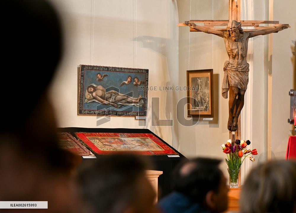 Old cloth icons displayed at Lviv church