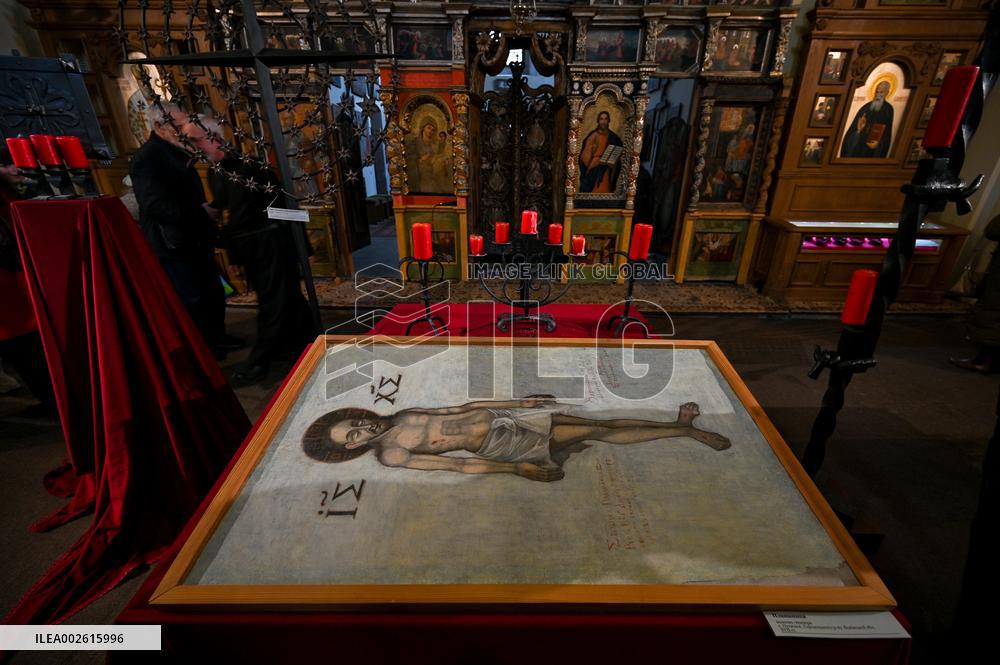 Old cloth icons displayed at Lviv church