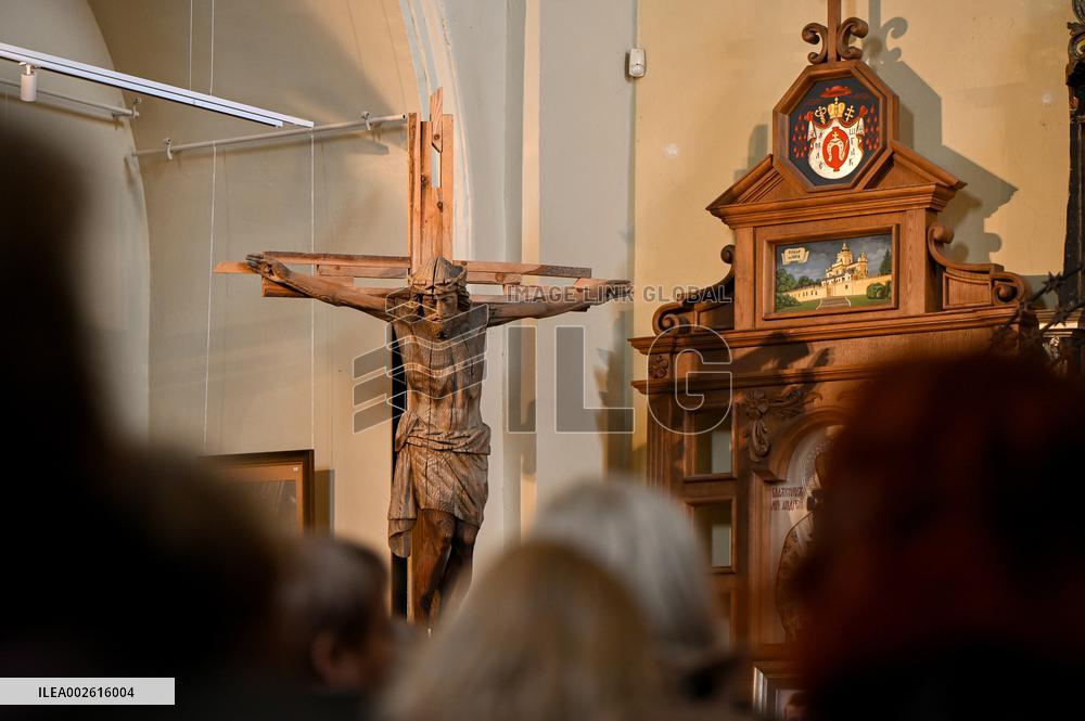 Old cloth icons displayed at Lviv church