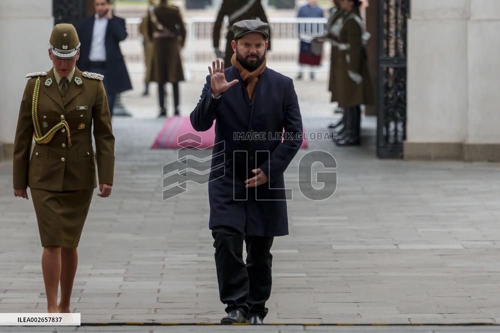 President of Chile Gabriel Boric arrives at the Palacio de La Mo