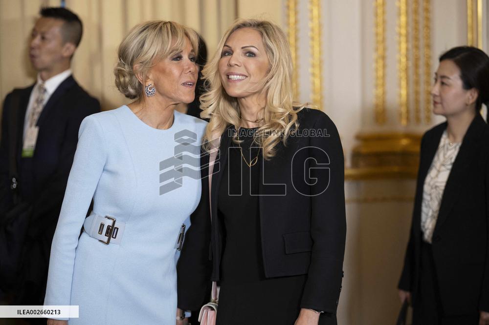 France's President Emmanuel Macron, Chinese President Xi Jinping during presentations ahead of an official state dinner