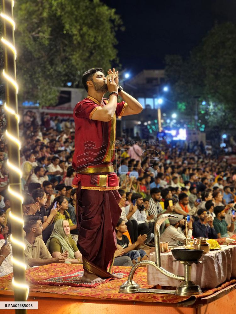 Hindu Priests Performing Evening Prayers at Ganges River