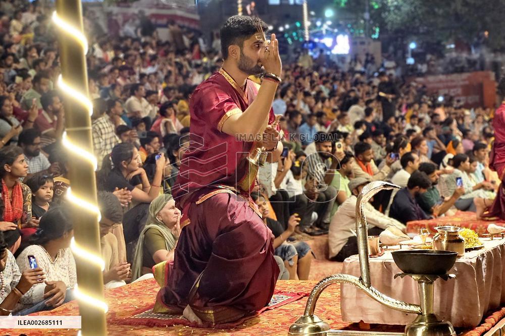 Hindu Priests Performing Evening Prayers at Ganges River