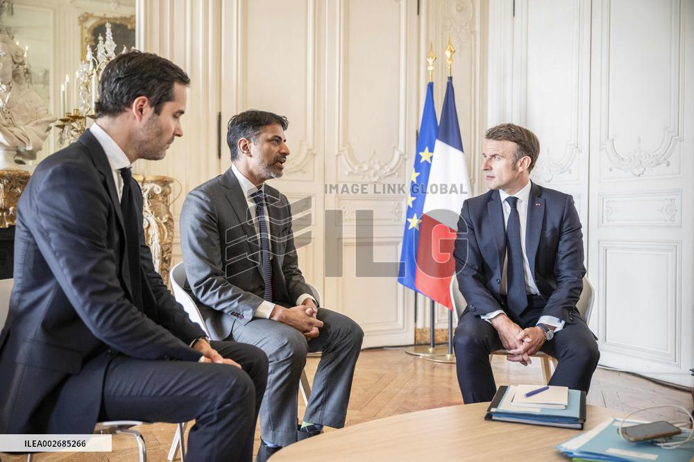 President Macron Meets Novartis CEO Vasant Narasimhan - Versailles