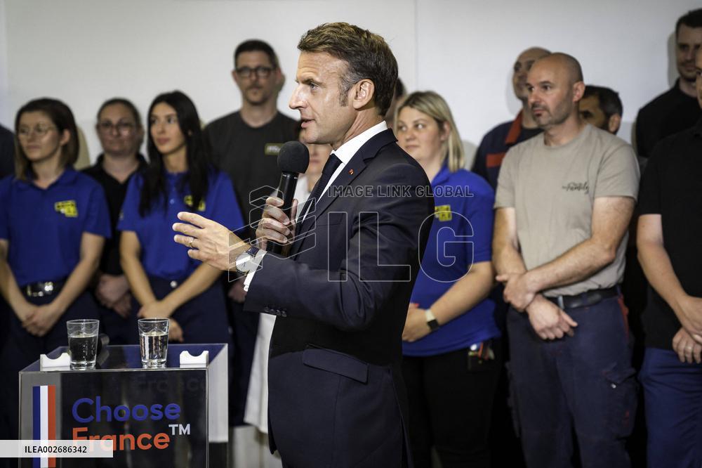 Emmanuel Macron Visits A McCain Factory In The Marne Region