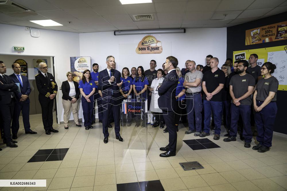 Emmanuel Macron Visits A McCain Factory In The Marne Region