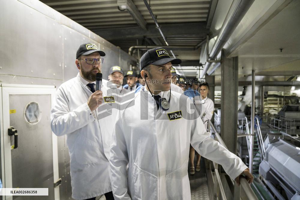 Emmanuel Macron Visits A McCain Factory In The Marne Region