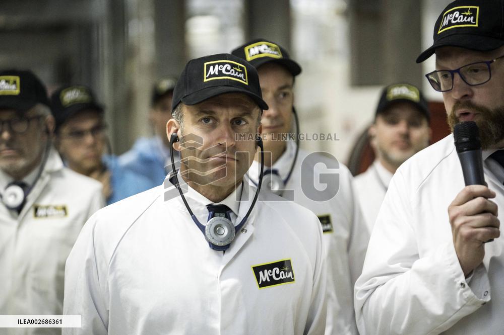 Emmanuel Macron Visits A McCain Factory In The Marne Region