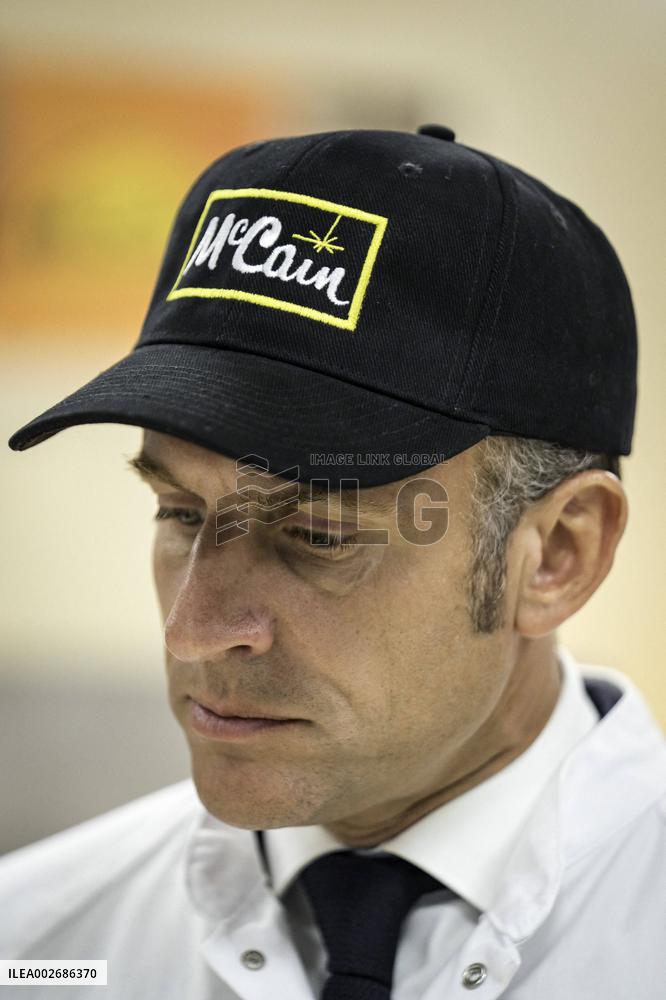 Emmanuel Macron Visits A McCain Factory In The Marne Region