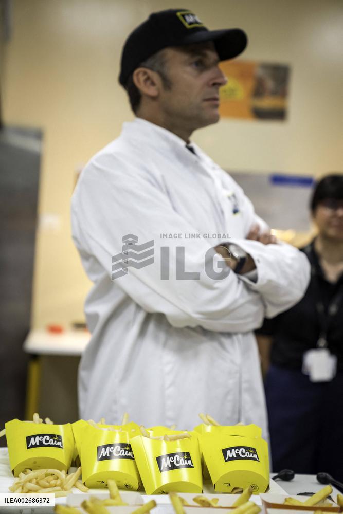 Emmanuel Macron Visits A McCain Factory In The Marne Region