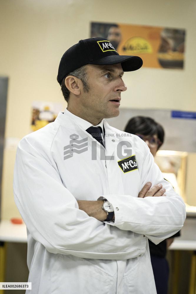 Emmanuel Macron Visits A McCain Factory In The Marne Region