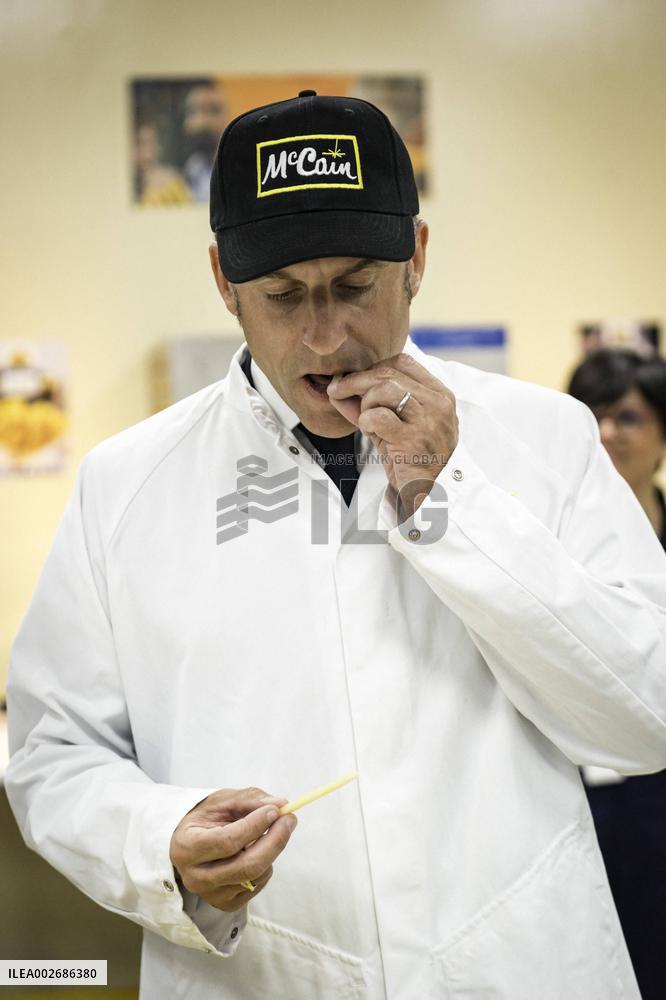 Emmanuel Macron Visits A McCain Factory In The Marne Region