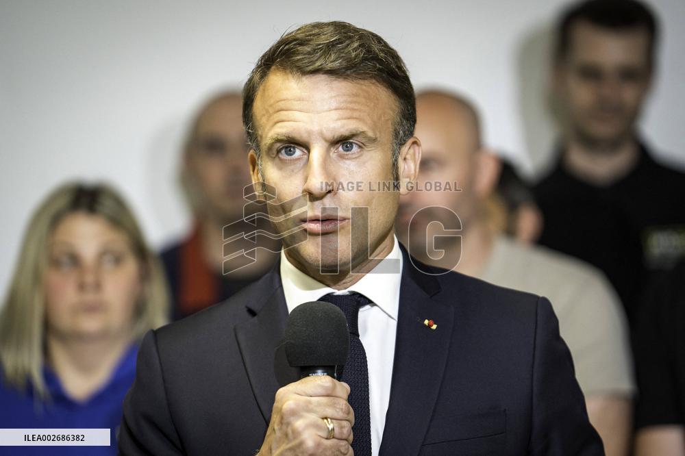 Emmanuel Macron Visits A McCain Factory In The Marne Region