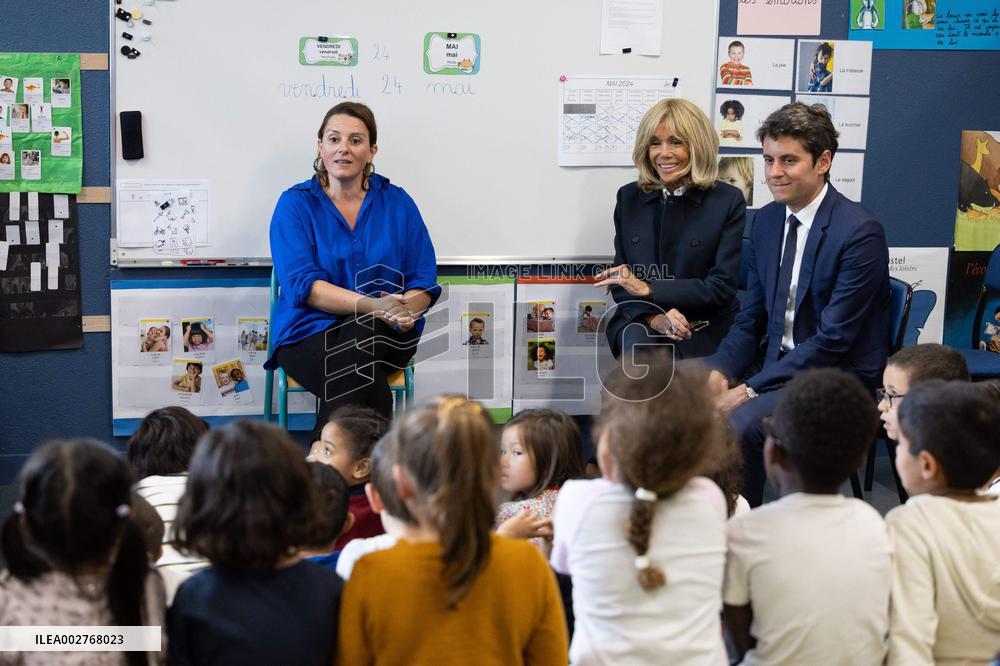 Gabriel Attal and Brigitte Macron Visit a School - Antony
