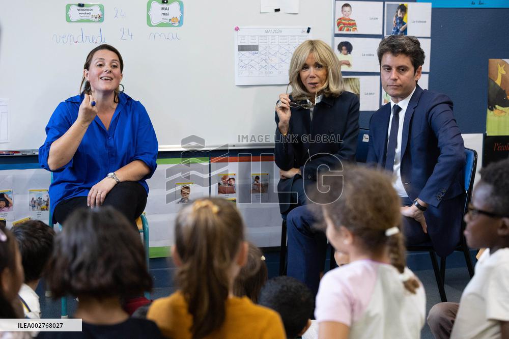 Gabriel Attal and Brigitte Macron Visit a School - Antony