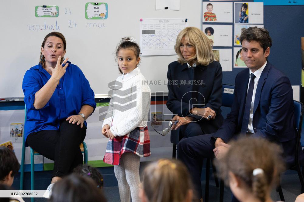 Gabriel Attal and Brigitte Macron Visit a School - Antony