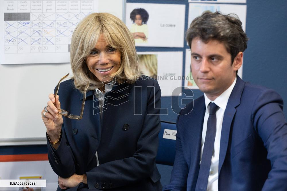 Gabriel Attal and Brigitte Macron Visit a School - Antony
