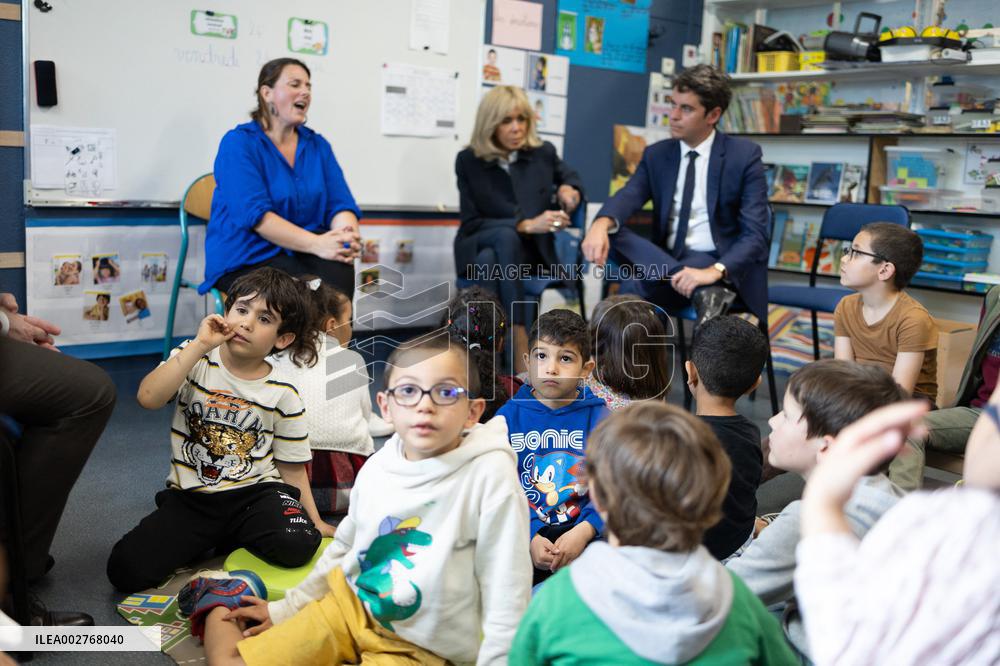 Gabriel Attal and Brigitte Macron Visit a School - Antony