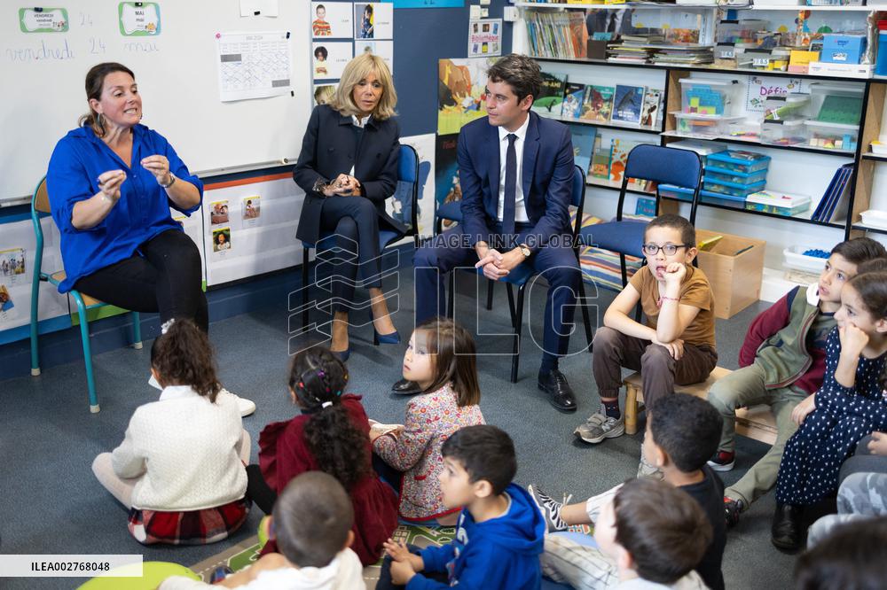 Gabriel Attal and Brigitte Macron Visit a School - Antony