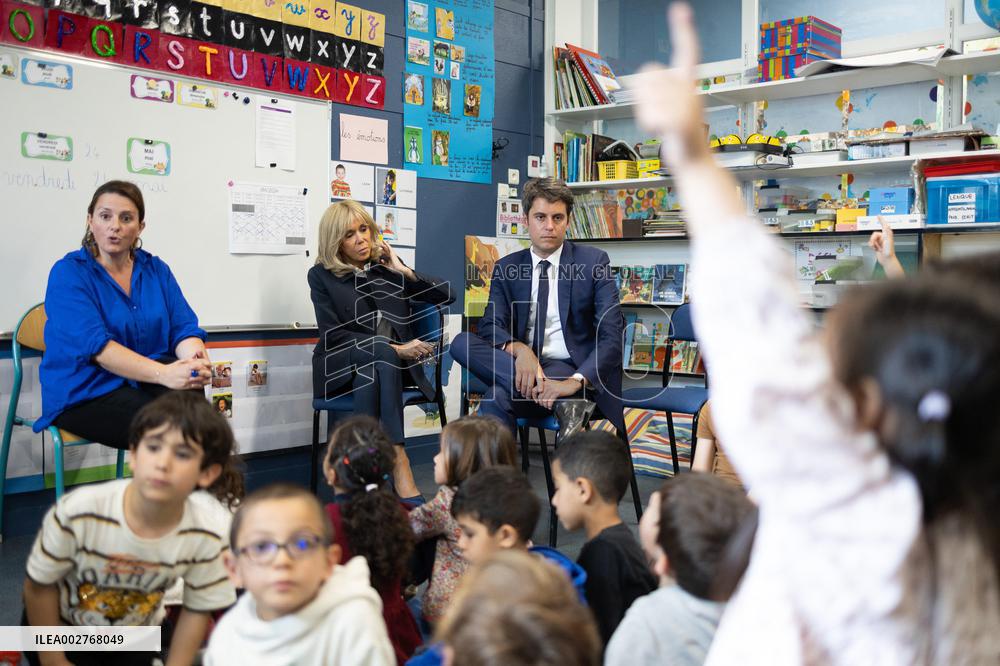 Gabriel Attal and Brigitte Macron Visit a School - Antony