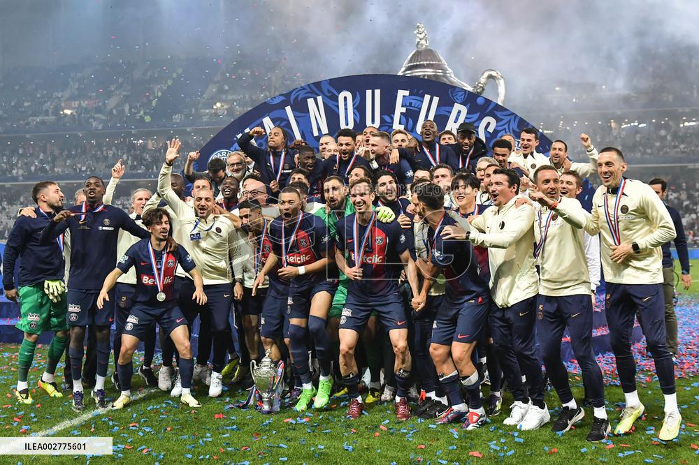 Paris Saint-Germain celebrates the 2023-2024 French Cup championship trophy ceremony in Lille FA