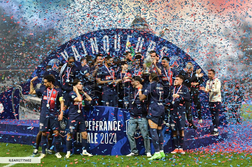 Paris Saint-Germain celebrates the 2023-2024 French Cup championship trophy ceremony in Lille FA