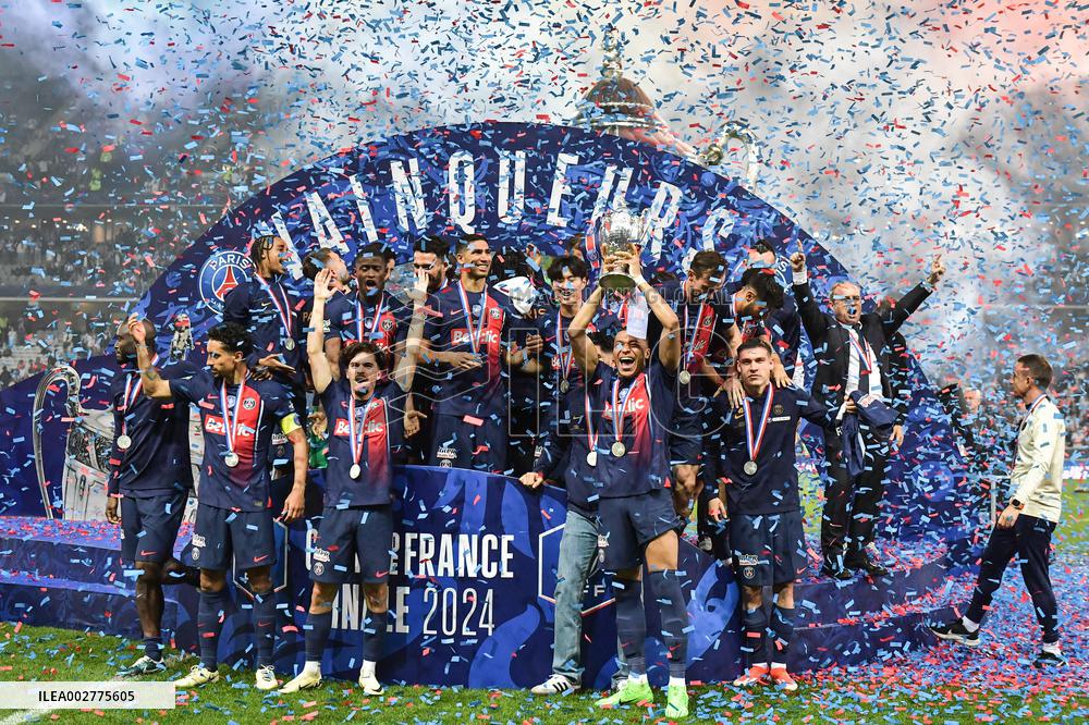 Paris Saint-Germain celebrates the 2023-2024 French Cup championship trophy ceremony in Lille FA