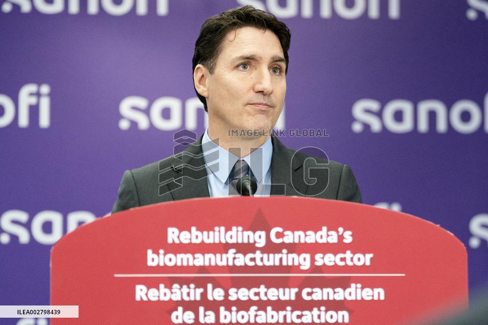 PM Justin Trudeau Gives Speech At Sanofi - Toronto