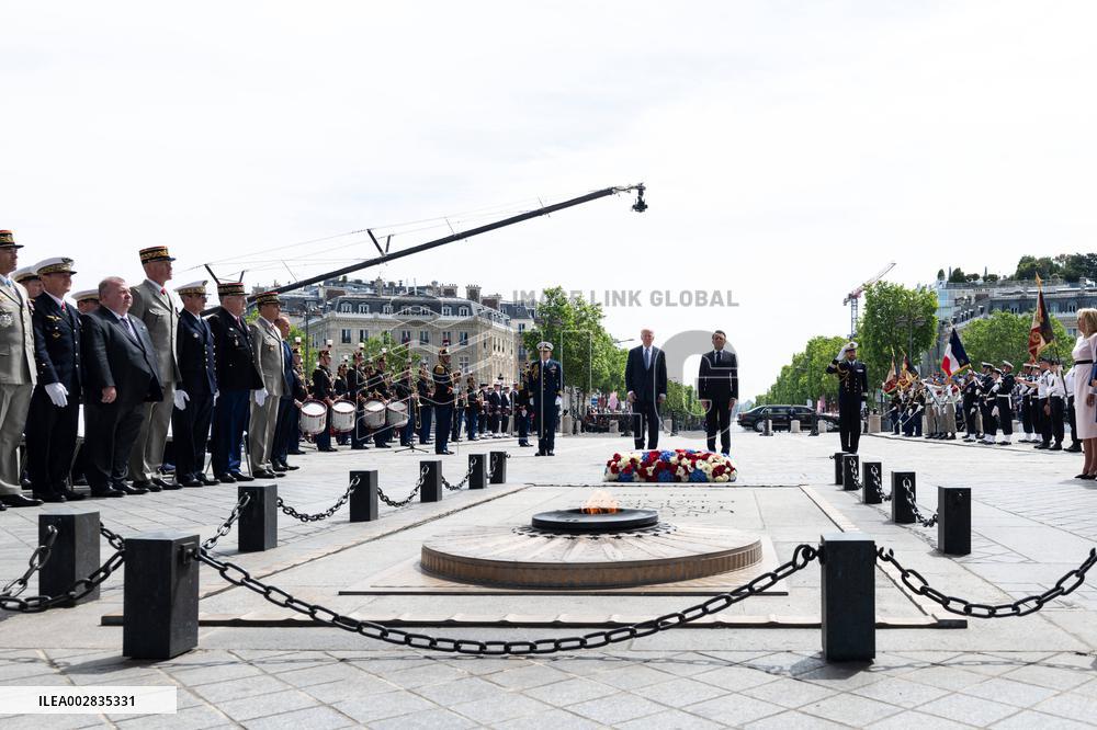 Presidents Macron And Biden At Arc de Triomphe Ceremony - Paris