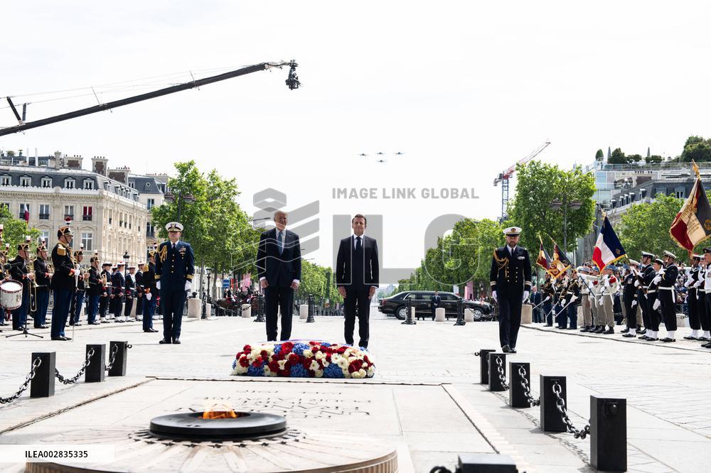 Presidents Macron And Biden At Arc de Triomphe Ceremony - Paris