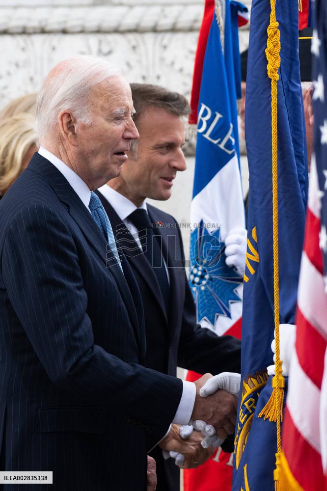 Presidents Macron And Biden At Arc de Triomphe Ceremony - Paris