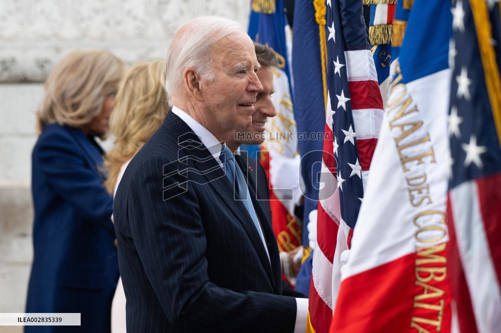 Presidents Macron And Biden At Arc de Triomphe Ceremony - Paris