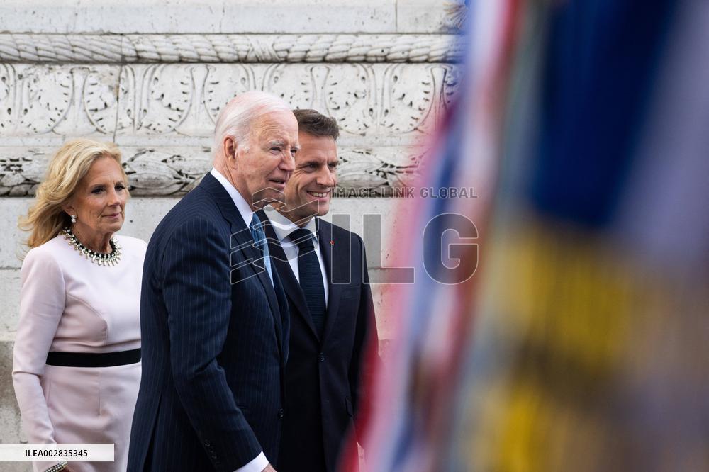Presidents Macron And Biden At Arc de Triomphe Ceremony - Paris