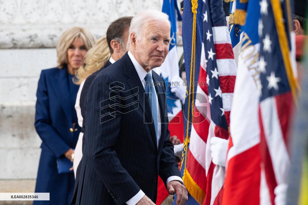 Presidents Macron And Biden At Arc de Triomphe Ceremony - Paris