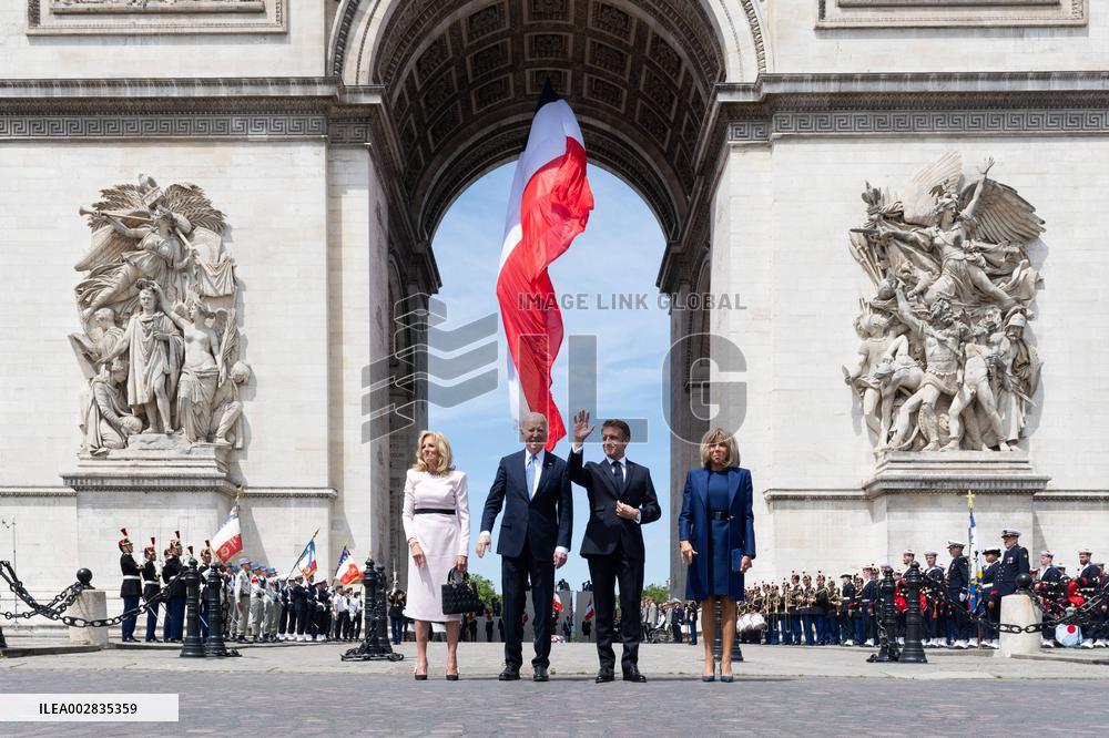 Presidents Macron And Biden At Arc de Triomphe Ceremony - Paris