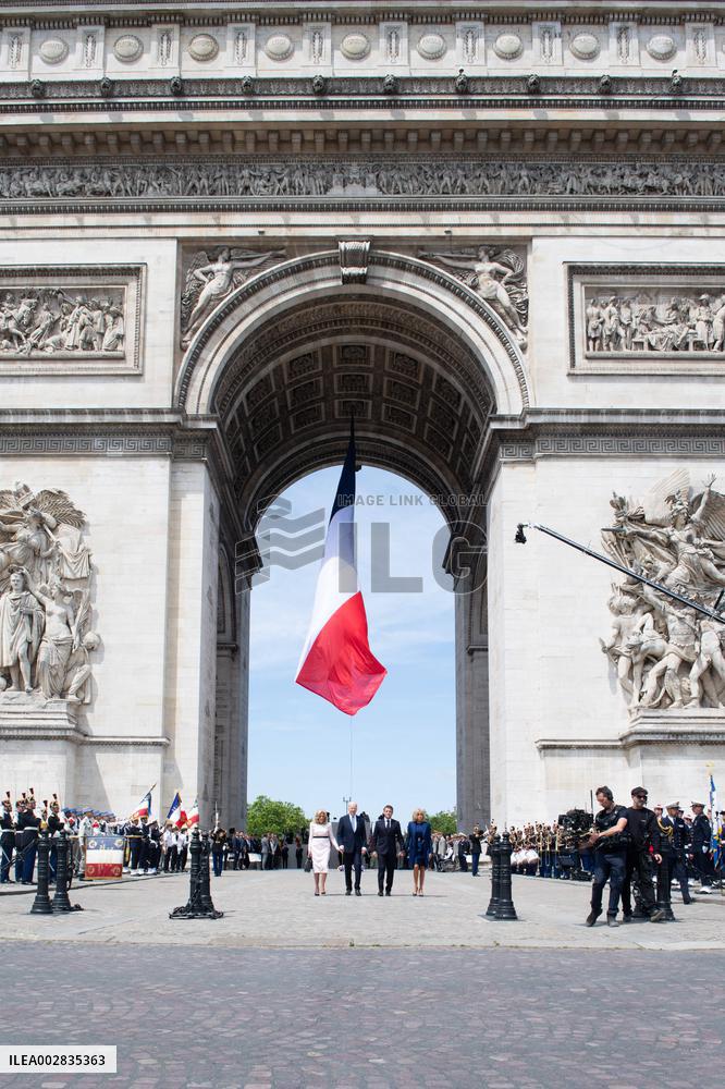Presidents Macron And Biden At Arc de Triomphe Ceremony - Paris